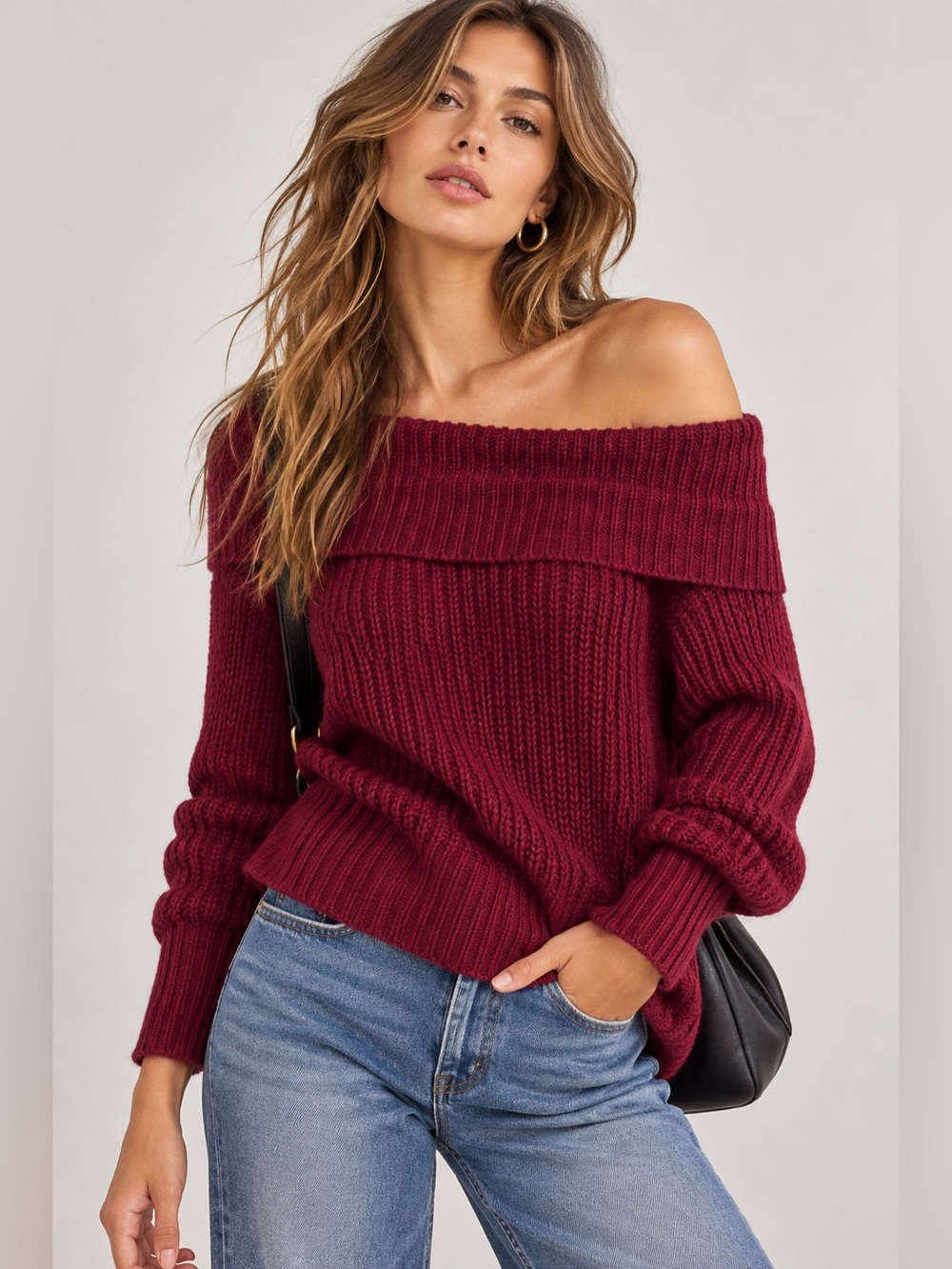 Express Off-the-Shoulder Ribbed Sweater - Burgundy
